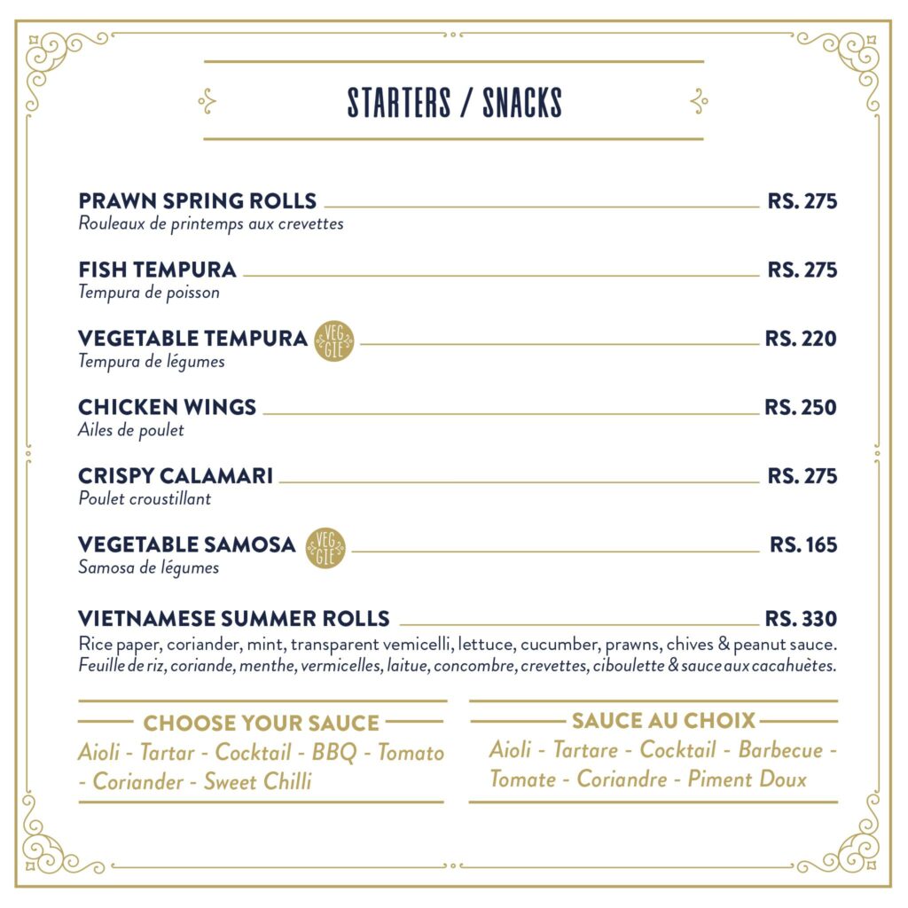 L'Atelier Restaurant Grand Gaube Île Maurice - Snacks menu