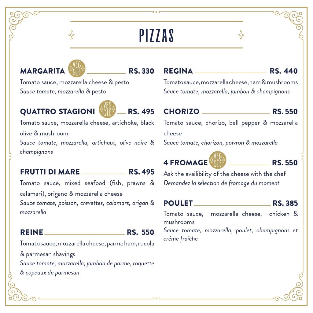 L'Atelier Restaurant Grande Gaube Île Maurice - Pizza Menu